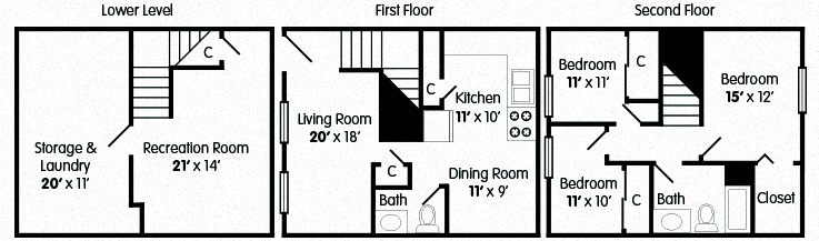 Floor plan for 3 beds, 1.5 baths, 1530 sqft